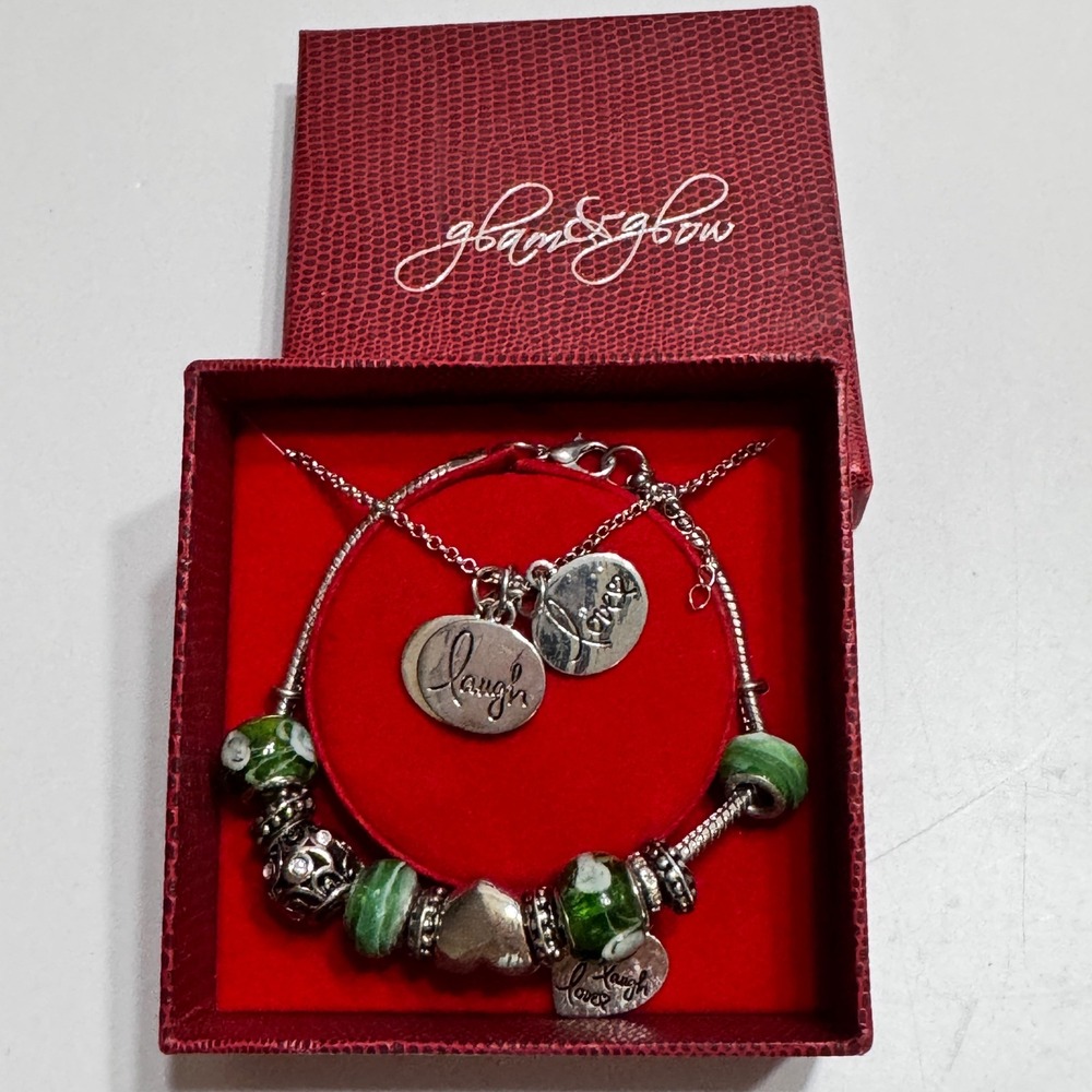 Glam & Glow Live Laugh Love Inspirational Set Green Glass Bead Bracelet Necklace